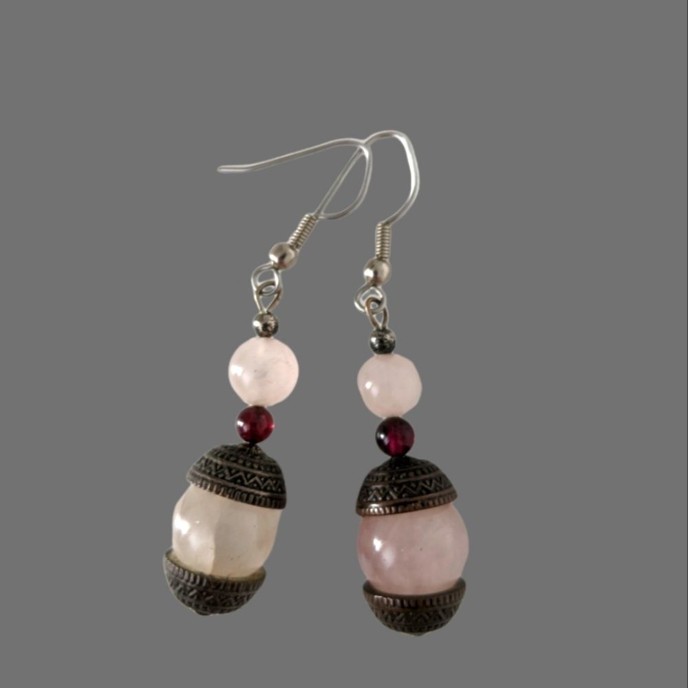 3/$20 Vintage Hand Made Rose Pink Quartz Dangle Earrings